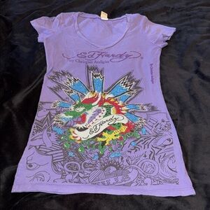 Ed Hardy Purple Tee with Multicolor Crest Graphic